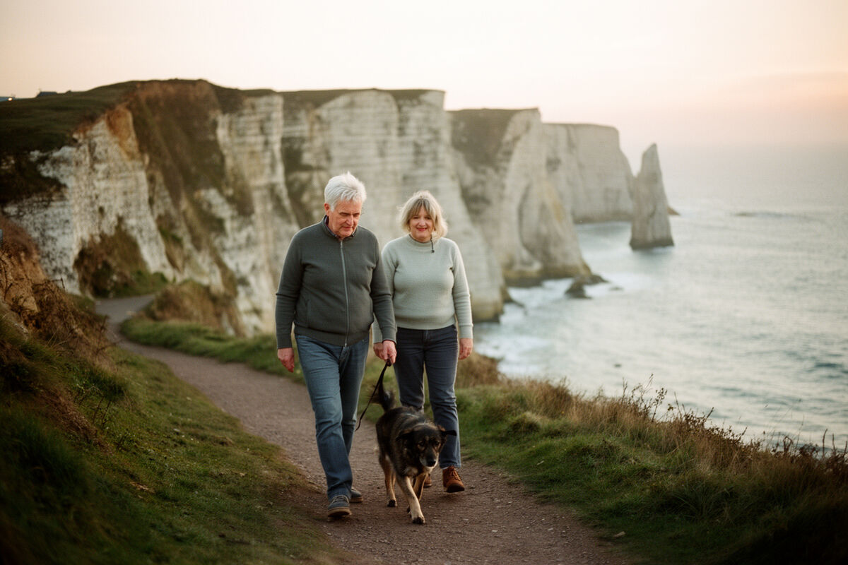 A couple walking the Dorset coast path
