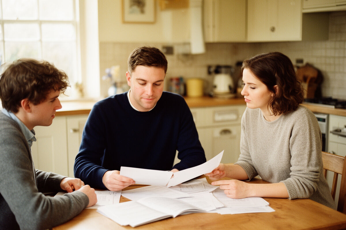 Paperwork spread across a kitchen table