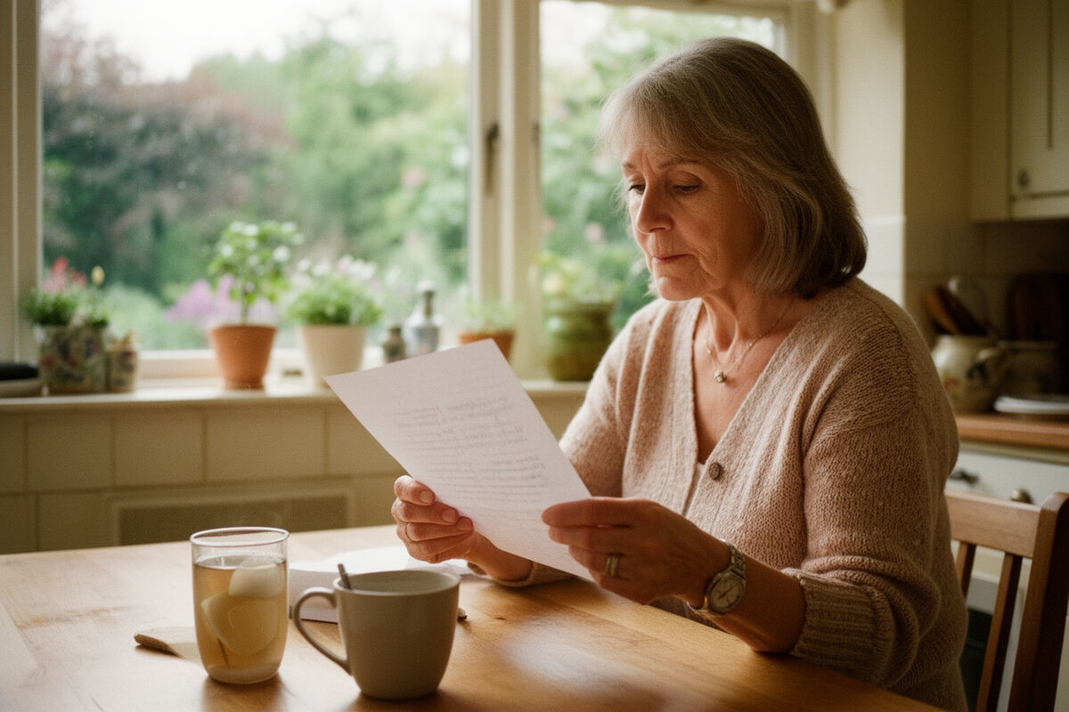 Reading a pension letter over a cup of tea