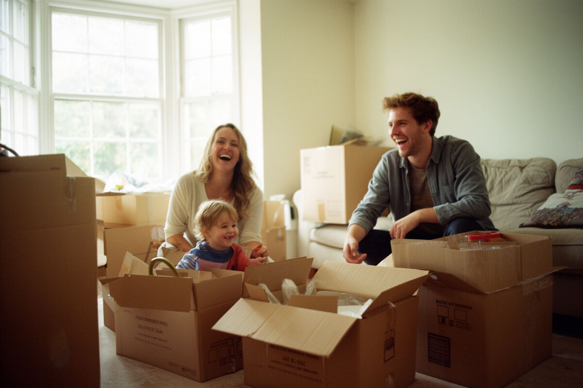 A couple unpacking boxes in their new home